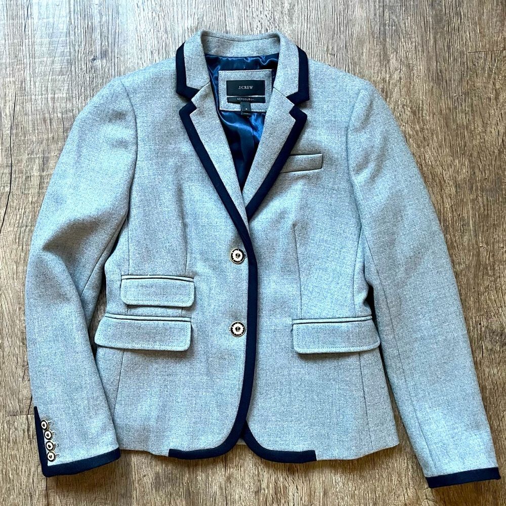 J. Crew Schoolboy Blazer Tipped Wool Gray Navy Blue Sailor Nautical Buttons - 4